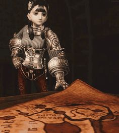 an animated character standing on top of a wooden table in a room with carved designs