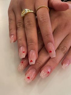 Red Acrylic Nails Heart, Heart Nail Inspo Acrylic, Red Hearts On Nails, Nail Inspo For Small Nails, Clear Nails Heart, Clear Nails With Heart Design, Nail Hearts Design, Nail Inspo Small Nails, Small Cute Nails Acrylic