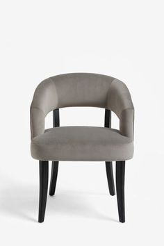 an upholstered chair with black legs and a grey fabric seat, viewed from the front