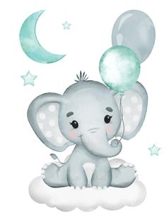 an elephant is sitting on the cloud with balloons