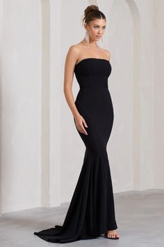 Fishtail Maxi Dress, Maxi Dresses Uk, Bandeau Maxi Dress, Strapless Prom Dress, Black Bandeau, Fishtail Skirt, Fishtail Dress, Strappy Stilettos, Strapless Bandeau