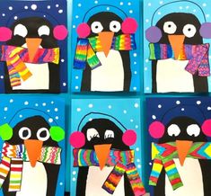 four penguins with hats, scarves and scarfs painted on canvases in the shape of snowflakes