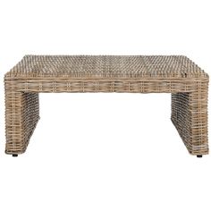 a wicker coffee table on wheels with an open end section and woven seat cushion