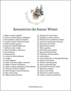 a list with the words romanticize the season winter