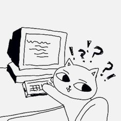 a black and white drawing of a cat sitting in front of a computer screen with question marks on it