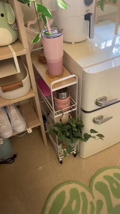 a white refrigerator freezer sitting next to a plant on top of a wooden shelf