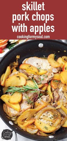 skillet pork chops with apples in a pan