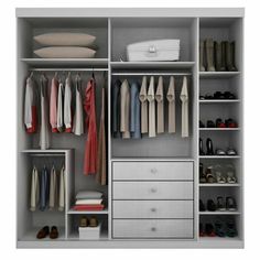 an organized closet with clothes and shoes on the shelves, drawers, and other items