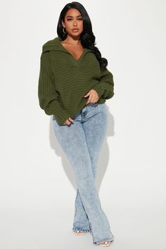 Available In Hunter And Oatmeal. Pullover Sweater Rib Knit Exaggerated Collar V Neck Long Sleeve Balloon Sleeve 100% Polyester Imported | Cozy Rib Knit Collar Polo Sweater in Hunter size 2X by Fashion Nova Baddie Winter Fits Casual, Fall Outfit Baddie, Mom Casual Outfits Fall, Off Shoulder Sweater Aesthetic, Winter Looks For Women Casual, Winter Ootd Women, Sweat Shirt Outfits With Jeans, V Neck Sweater Outfit Aesthetic, Open Knit Sweater Outfit