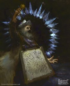 a painting of a man with a big beard holding a sign in front of him