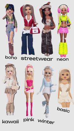 barbie dolls are shown in different colors and sizes, with the names below them on each doll