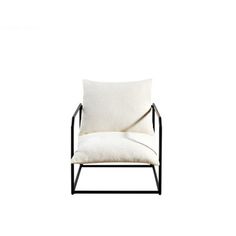 a white chair with a black frame and pillow on it's backrest, against a white background