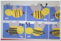 four pictures of bees made from construction paper