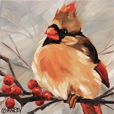 a painting of a bird sitting on a branch