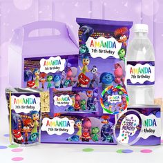 an assortment of birthday items including water, cookies and candies are displayed in front of a purple background