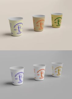 four cups with different logos on them, one for f and the other for f