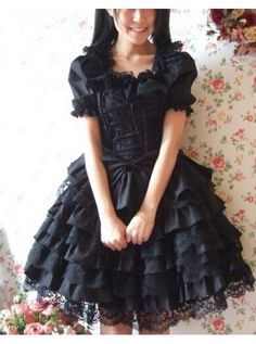 Black Short Sleeves Ruffle Sweet Cotton Lolita Dress Fairy Kei Style Black Dress For Halloween, Black Fairy Kei Dress For Halloween, Fairy Kei Black Dress For Halloween, Coquette Ruffle Dress For Costume Party, Coquette Ruffled Corset Dress For Costume Party, Vintage Corset Dress With Ruffles For Cosplay, Vintage Ruffled Corset Dress For Cosplay, Gothic Overbust Dresses With Ruffles, Overbust Victorian Dress With Ruffles For Costume Party