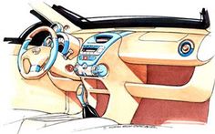 the interior of a car is shown in this hand - drawn sketch, with blue trim