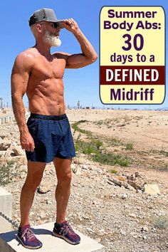 a man standing on top of a cement block next to a sign that says, summer body abs 30 days to a defined midriff