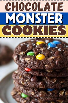 chocolate monster cookies stacked on top of each other