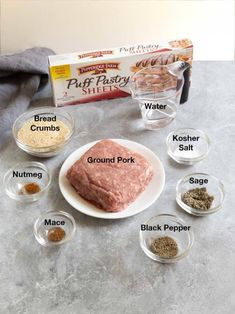 ingredients to make ground pork are displayed on a table