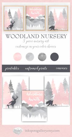 the woodland nursery poster is shown with pink and gray trees, mountains, and deers