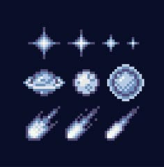 pixelated space objects are shown in the dark