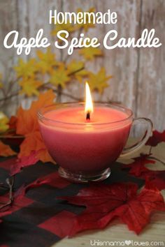 homemade apple spice candle in a glass bowl with fall leaves around it and text overlay that reads homemade apple spice candle