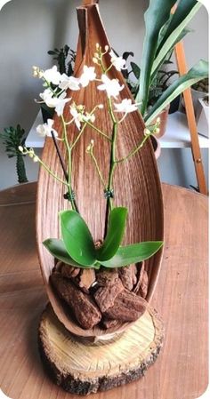 a wooden vase filled with flowers and rocks on top of a wood table next to a potted plant