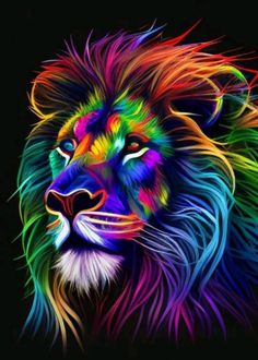 a colorful lion's face on a black background with the colors of the rainbow