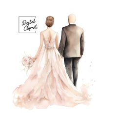 Bald Groom Wedding, Wedding Couple Clipart, Wedding Watercolor Painting, Watercolour Clipart, Bride Clipart, Blonde Bride, Couple Clipart, Bride Getting Ready, Wedding Couple