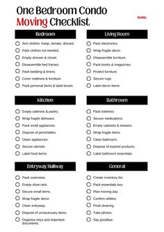 the one bedroom condo moving checklist is shown in black and white with red lettering