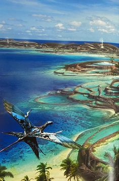 an artist's rendering of a tropical island in the ocean