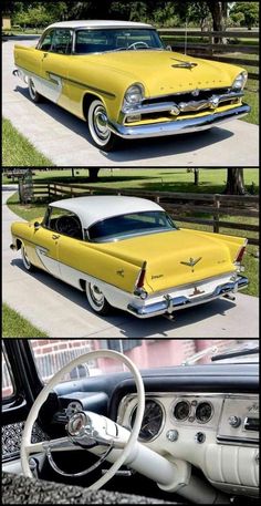 two pictures of an old yellow and white car