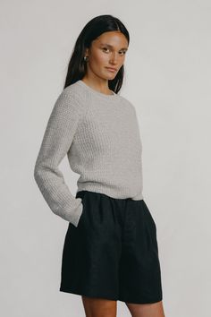 The comfiest pullover, inspired by the fit and ease of a favorite shrunken vintage sweatshirt. Woven in a super soft blend of Alpaca and sustainably grown Organic Pima Cotton in a waffle knit with a slight stretch. Raglan stitch shoulder seaming, ribbed cuffs, neckline and hem. Sweatshirts, Grey, Knit Pullover, Vintage Sweatshirt, Waffle Knit, Pima Cotton, Knitted Pullover, Alpaca, Heather Grey