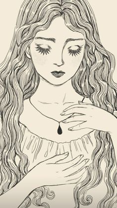 a drawing of a girl with long hair holding her hands in front of her chest