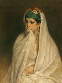 a painting of a woman wearing a white dress with a green headdress on