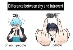 two people with their hands up in the air and one is saying, differences between shy and