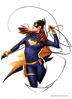 a woman dressed as batgirl standing in front of a white background