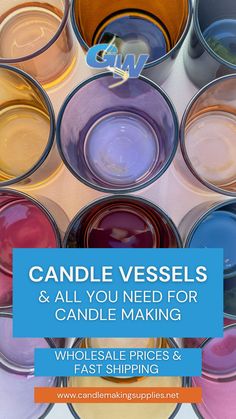 candles are arranged in rows with the words candle vessels and all you need for candle making