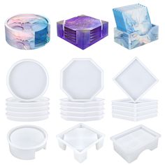 several different shapes and sizes of plastic plates, boxes and containers with designs on them