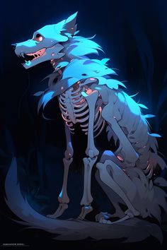 a skeleton dog sitting in the dark