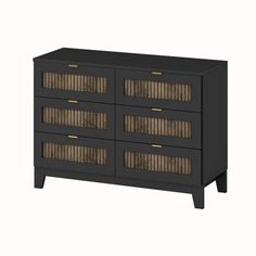 an image of a black dresser with wicker drawers on the top and bottom drawer