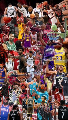 a collage of basketball players and their uniforms