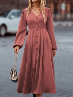 Redwood Casual Collar Long Sleeve Fabric Plain A Line Embellished Non-Stretch  Women Clothing Bishop Sleeve Dress, A Line Long Dress, Birthday Dress Women, Long Dresses Elegant, Sukienki Plus Size, Middle Age Fashion, Lantern Sleeve Dress, Autumn Dress, High Fashion Street Style