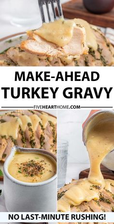 Make Ahead Turkey Gravy, three-photo collage with text showing homemade turkey gravy on bite of turkey breast, the best turkey gravy in jug, and turkey recipe from scratch being poured over sliced turkey. Turkey Gravey, Turkey Gravy Without Drippings, Best Gravy Recipe, Make Ahead Gravy, Turkey Gravy Recipe Easy, Make Ahead Turkey Gravy, Best Turkey Gravy, Turkey Gravy Easy, Turkey Gravy From Drippings