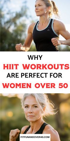 a woman running with the words why hit workouts are perfect for women over 50