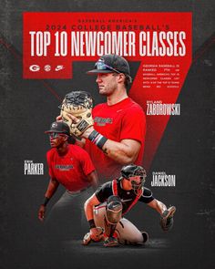 two baseball players in red shirts and black caps, one holding a catchers mitt