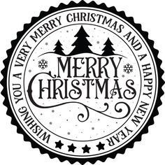 merry christmas and happy new year stamp with fir trees on the top, in black and white