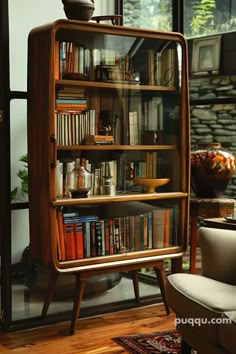 a wooden book case filled with lots of books on top of a hard wood floor